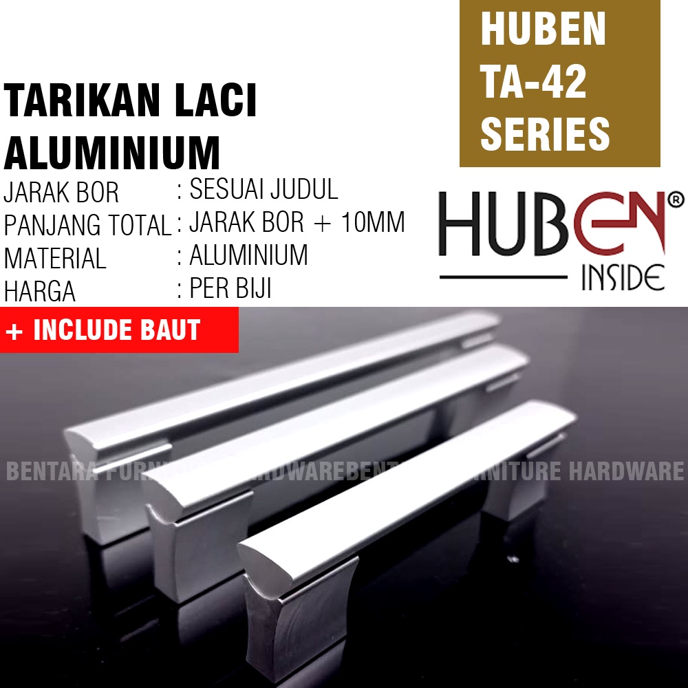 Huben TA-42 96 Mm - Tarikan Laci Meja Lemari Kabinet Gagang Pintu Handle Aluminium Anodized (Sekitar 9 - 10 - 11 cm )