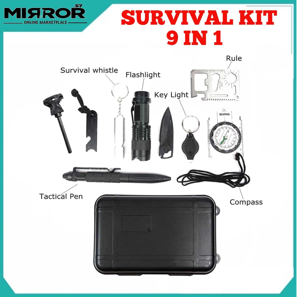 Perlengkapan Petualangan Survival Kit 9 in 1 Multifungsi Hiking &amp; Camping First Aid SOS Tools