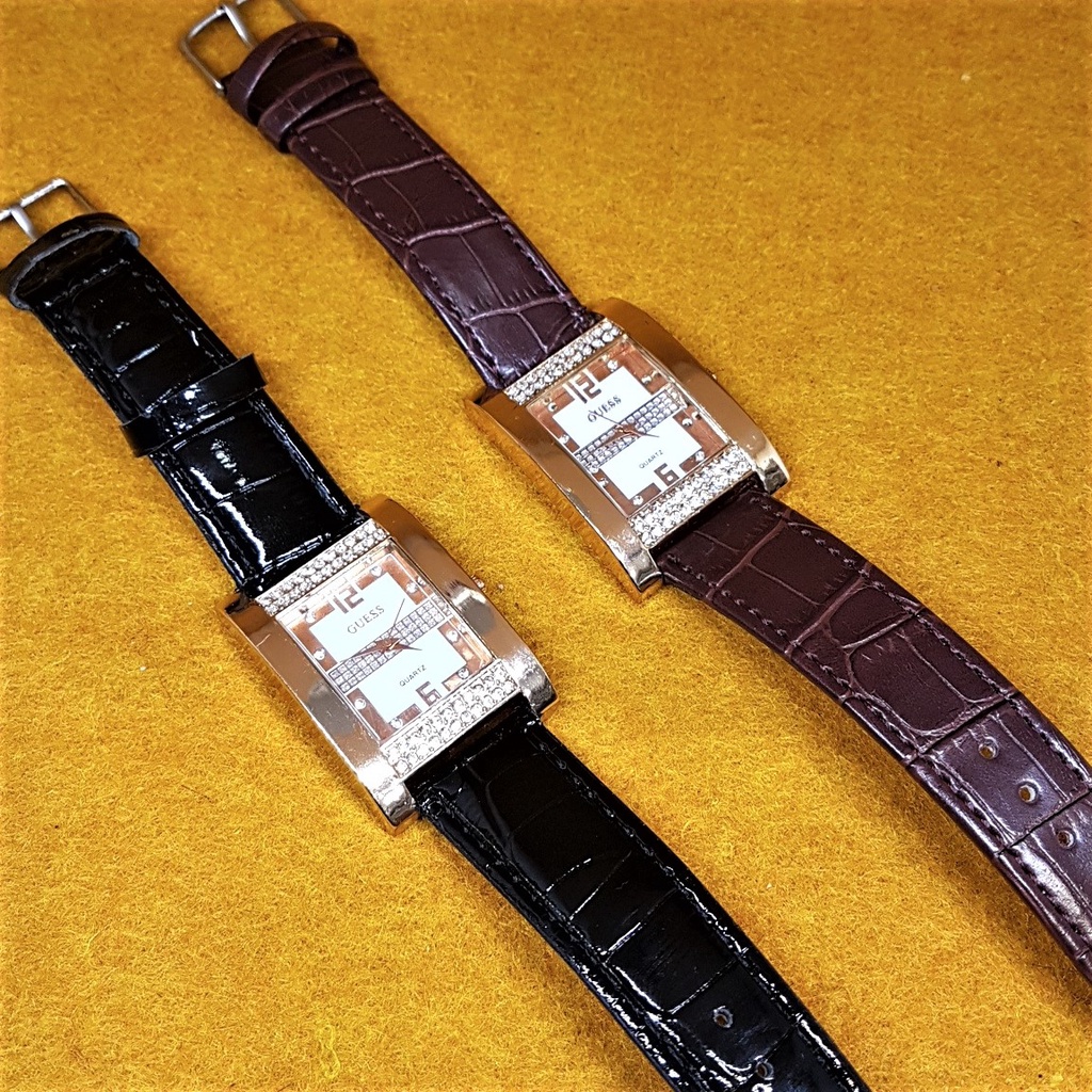 Jam tangan wanita guess analog tali kulit - jam fashion motif kotak termurah