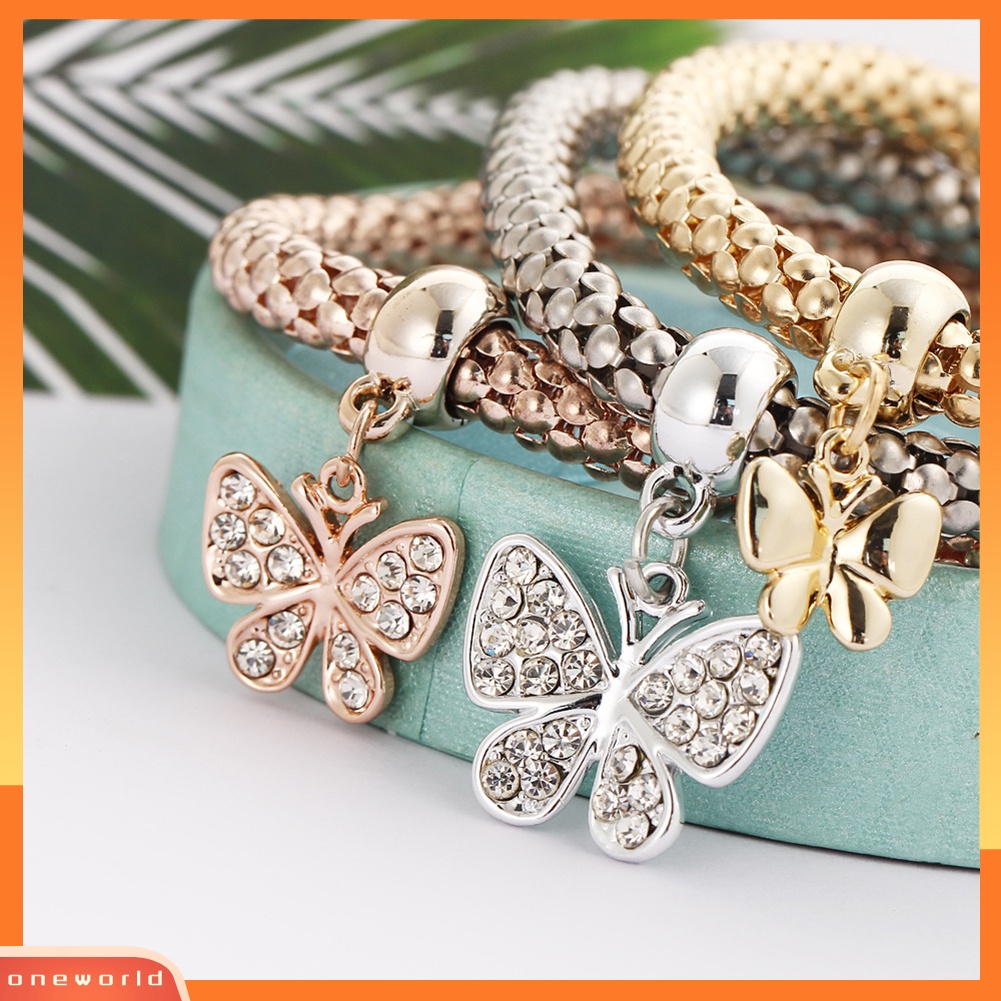 [WONE] 3pcs/set Paduan Berlian Imitasi Kupu-Kupu Liontin Wanita Gelang Pesona Perhiasan Hadiah