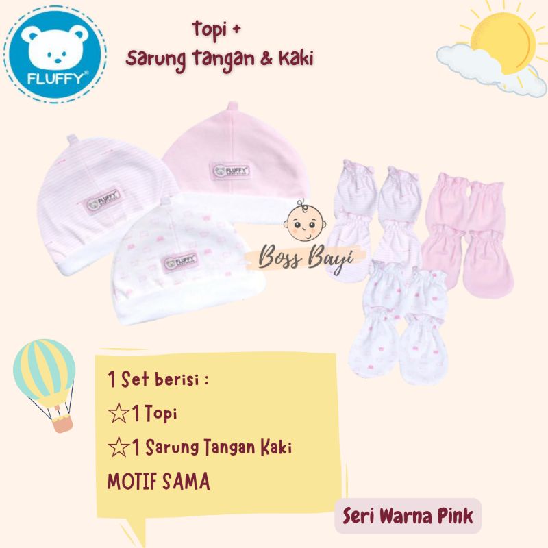 FLUFFY - Topi + Sarung Tangan Kaki Karet untuk Bayi Newborn