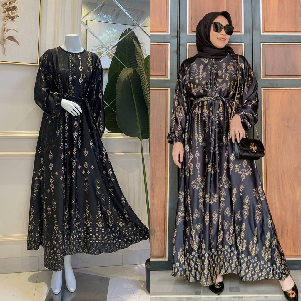 Diora Kirana Gamis Terbaru Maxmara Silk Dress Wanita Lengan Karet Panjang Maxidress Kekinian LD 110 cm