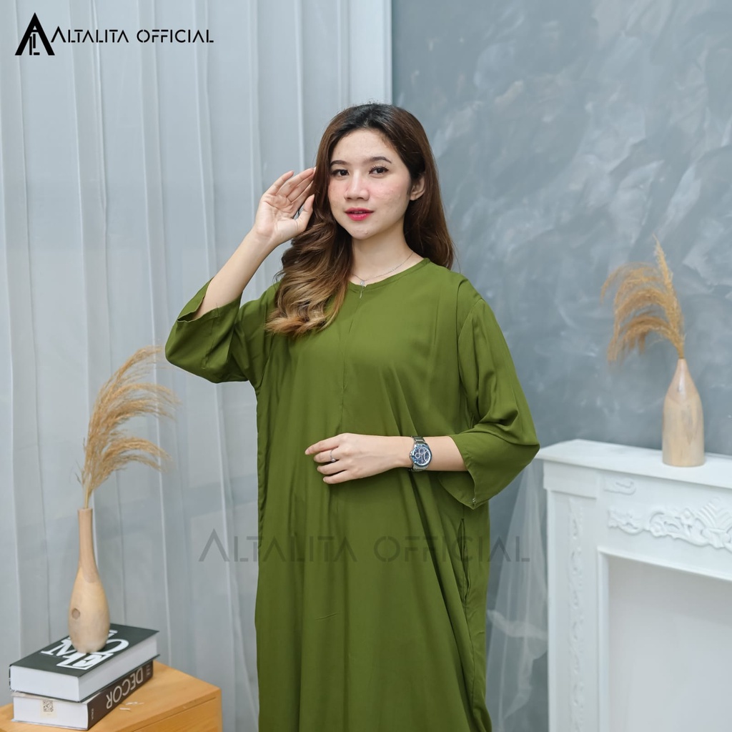 Altalita - Daster Rayon Polos Panjang Lengan Tangan 3/4 Long Dress Polos Busui Panjang Semata Kaki Home Dress Lengan Panjang Bahan Katun Adem Tebal Premium Jumbo LD 120