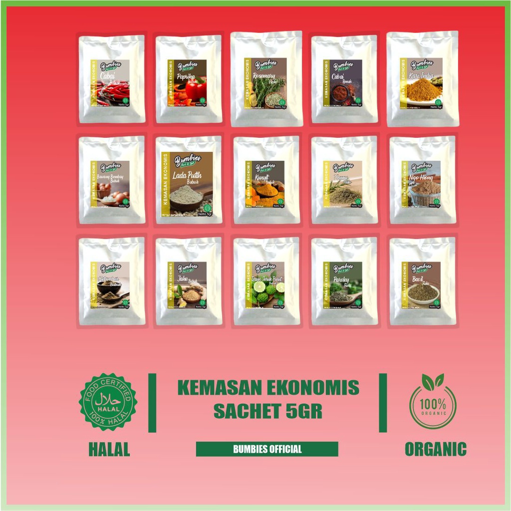 

Rempah-Rempah Sachet Kemasan ekonomis 5gr Bumbies Product | Biji Wijen Bawang Putih Bawang Bombay Bawang Merah paprika oregano Cabai Lada Hitam Lada Putih