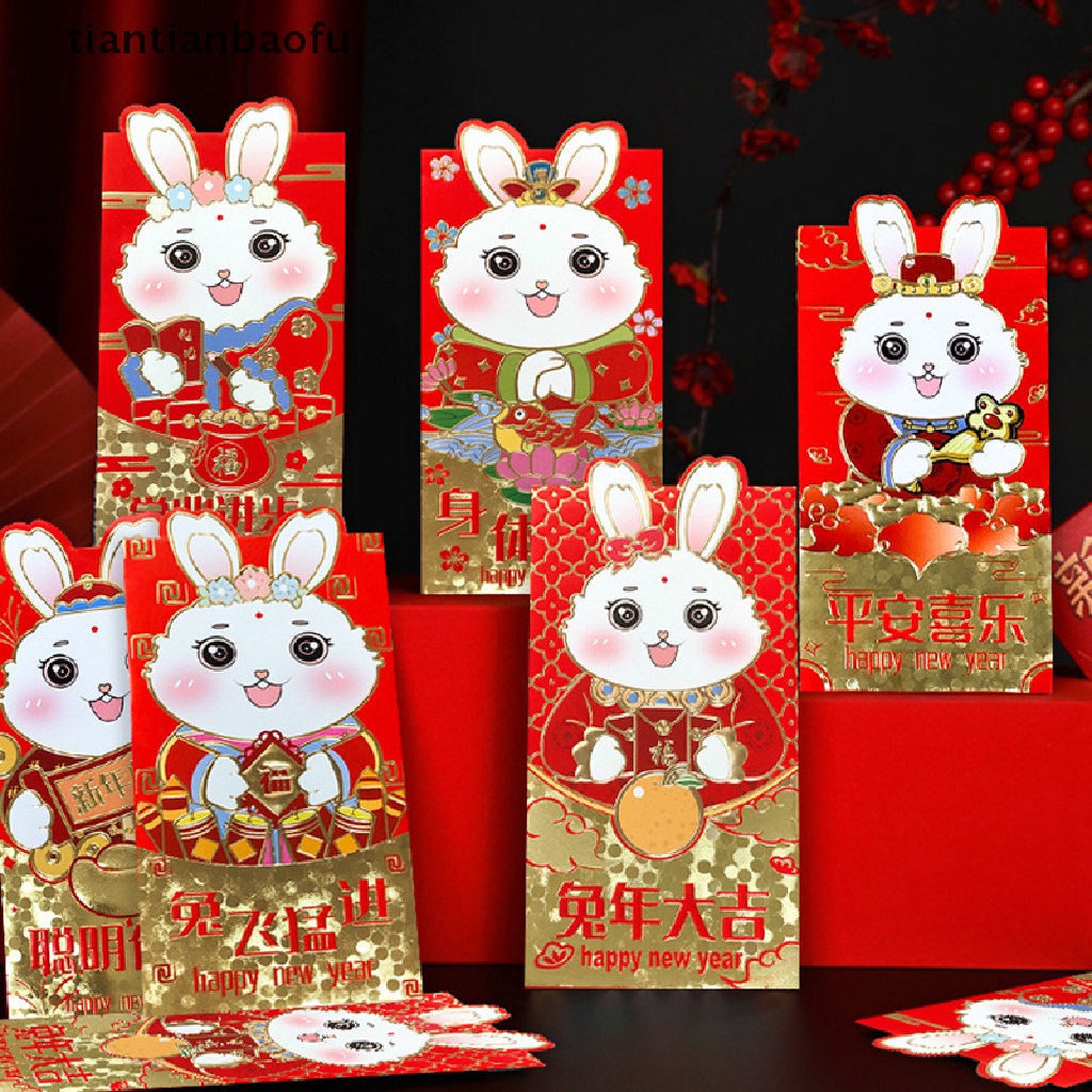 [tiantianbaofu] 6 Pcs 2023tahun Kelinci Festival Musim Semi Tahun Baru Amplop Merah Kartun Anak Hadiah Uang Packing Tas Beruntung Merah Paket Tas Butik