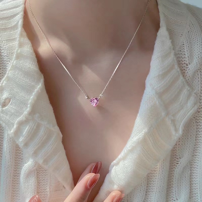 Pandora Kalung925 Perak Pink Cubic Zirconia Berlian Hati Liontin Kalung Wanita Fashion Perhiasan Aksesoris