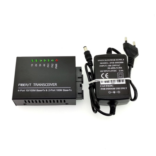 【With adpter】10/100M 2 SC 4 RJ45 Ethernet Fiber Switch Optical Media Converter Single Mode Fiber Port