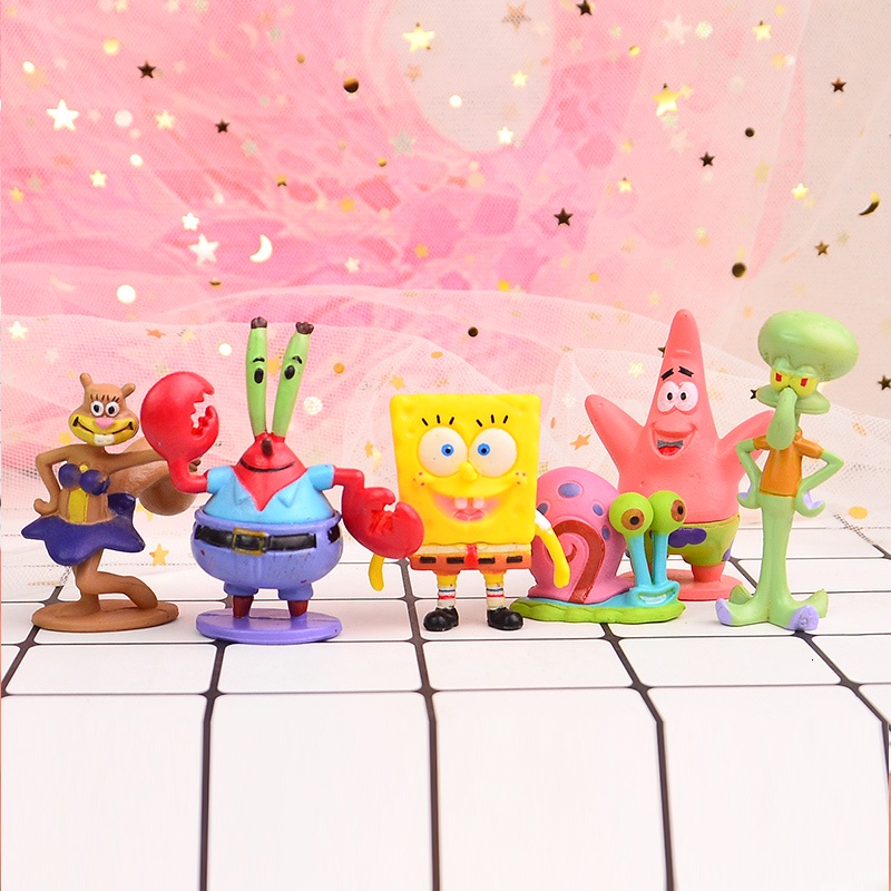 Kawaii Spongebob Kartun Figure Gantungan Kunci Boneka Pie Bintang Kepiting Bos Siput Figure Model Koleksi Mainan Pvc 8pcs/set