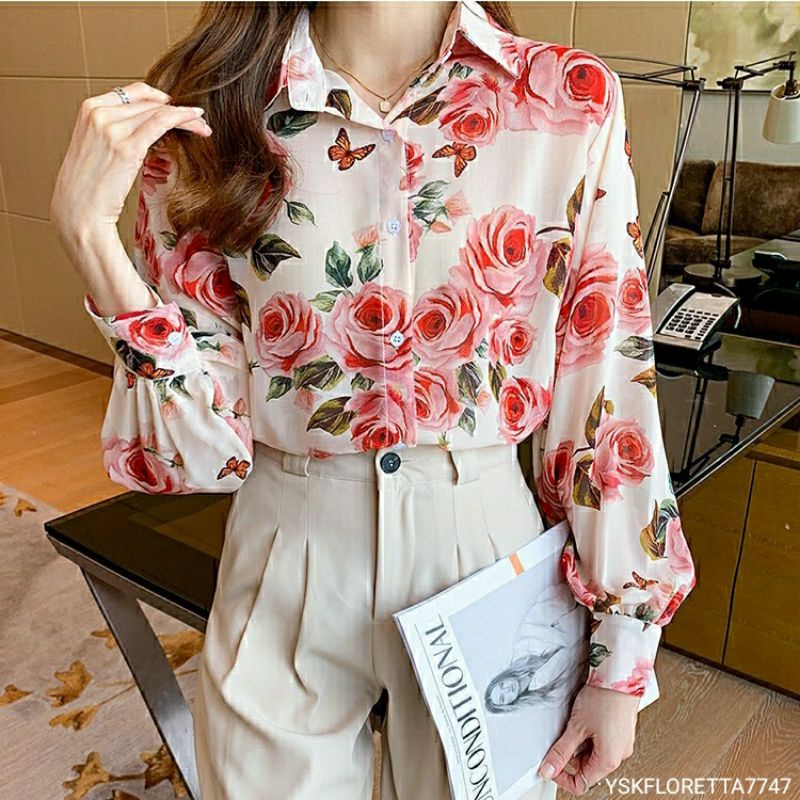 Blouse Wanita Import Korea Motif Bunga