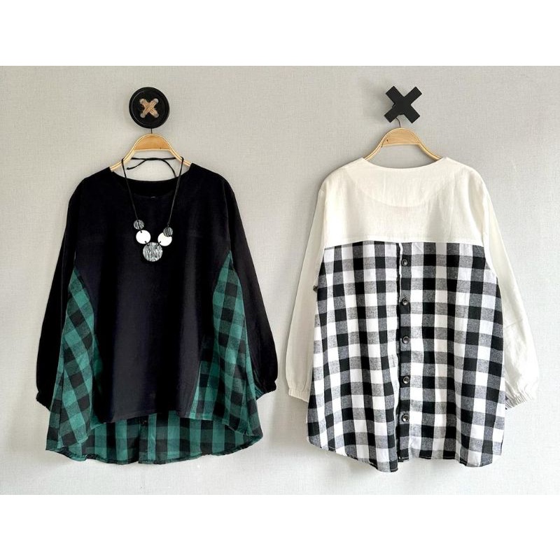 SALE  Atasan Kerah Bulat Katun Linen Import Kombinasi Polos & Kotak LuBaNa#752