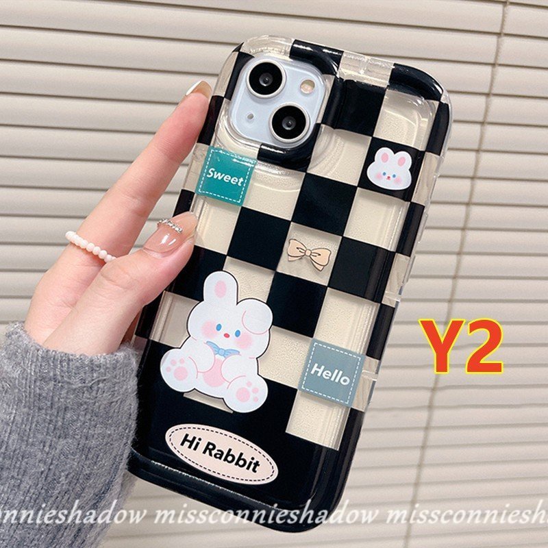 Couple Case Kompatibel Untuk iPhone 7Plus 8Plus 11 Pro MAX XR 13 12 14 Pro MAX 7 8 6 6S Plus X XS MAX Checkerboard Beruang Lucu Kelinci Shockproof Airbag Lembut TPU Lovers Phone Case