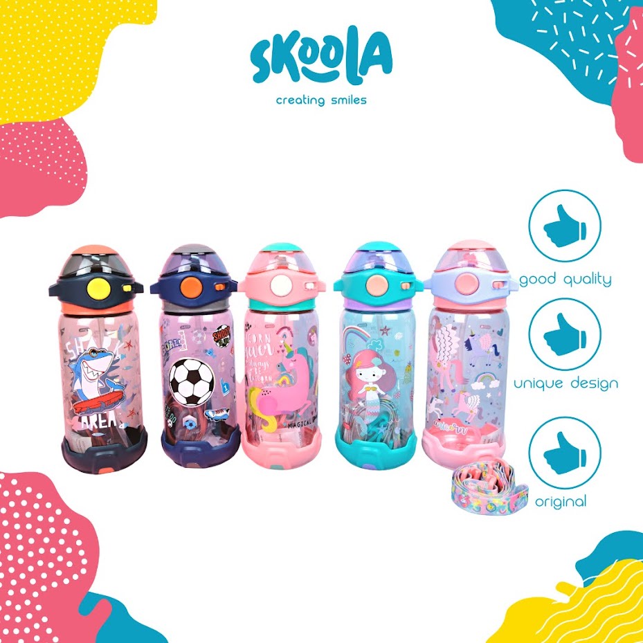 Skoola Botol Tempat Air Minum 500 ml dan Tas Anak Perempuan Laki - Laki Unicorn Cat Dino Bola - Wabo Spritz