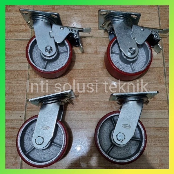 roda troli / trolley pu 5 inch heavy duty 1set (2hidup+rem 2hidup)