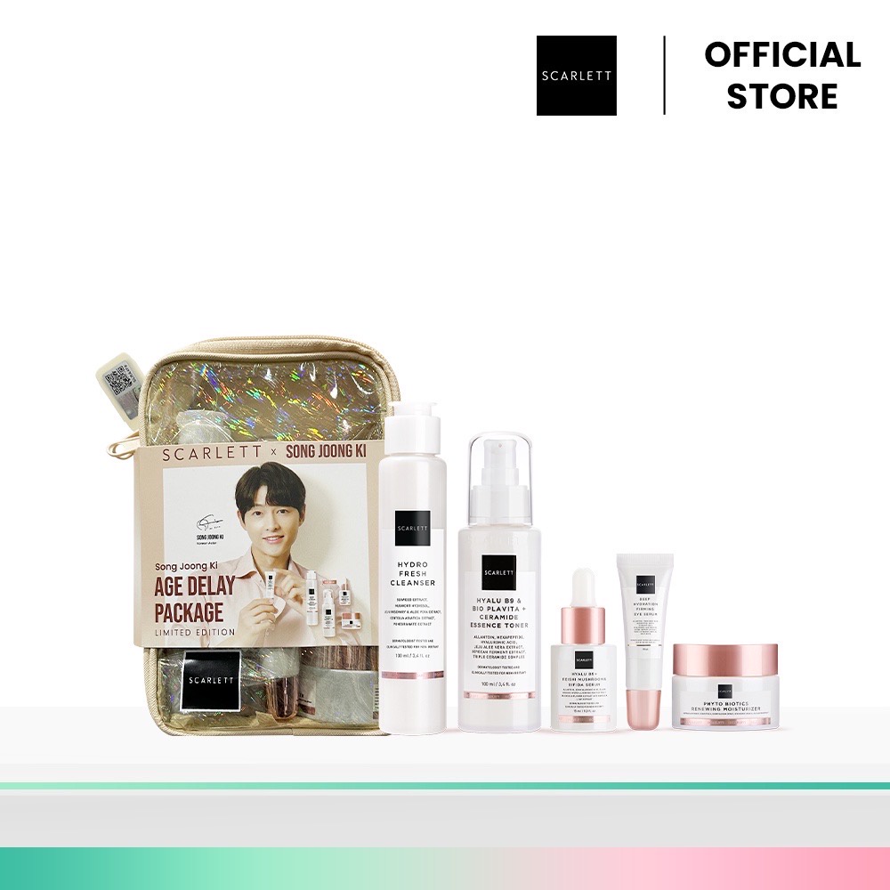 SCARLETT Whitening X Song Joong Ki Limited Edition Indonesia / Paket Facial Wash Essence Toner Serum Ampoule Day Night Eye Cream Mask Gel Sunscreen Moisturizer / Brightly Ever After Acne Age Delay Wajah Face Glowing 1 Paketan Package Full Set Pouch Series