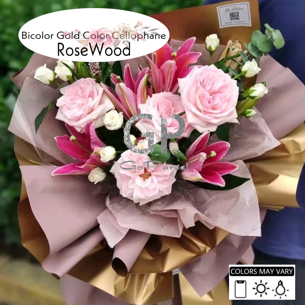 ( 5 Lembar ) BICOLOR GOLD COLOR - FLOWER WRAPPING PAPER CELLOPHANE BI COLOR EMAS GOLD BORDER LIST
