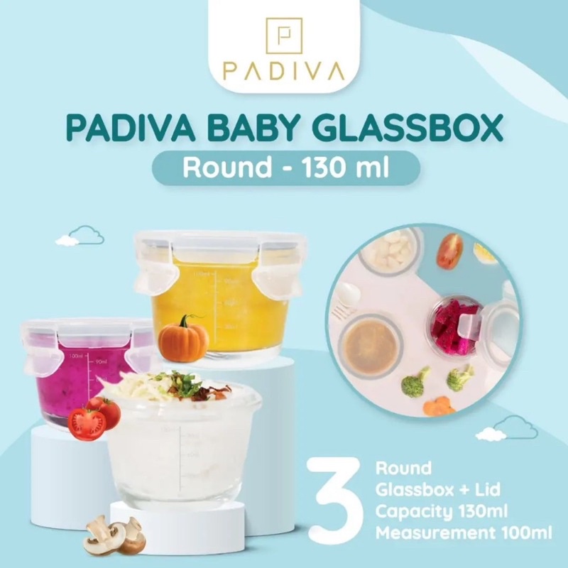 Padiva baby glassbox round 130ml ( isi 3pcs ) - kontainer kaca mpasi bayi