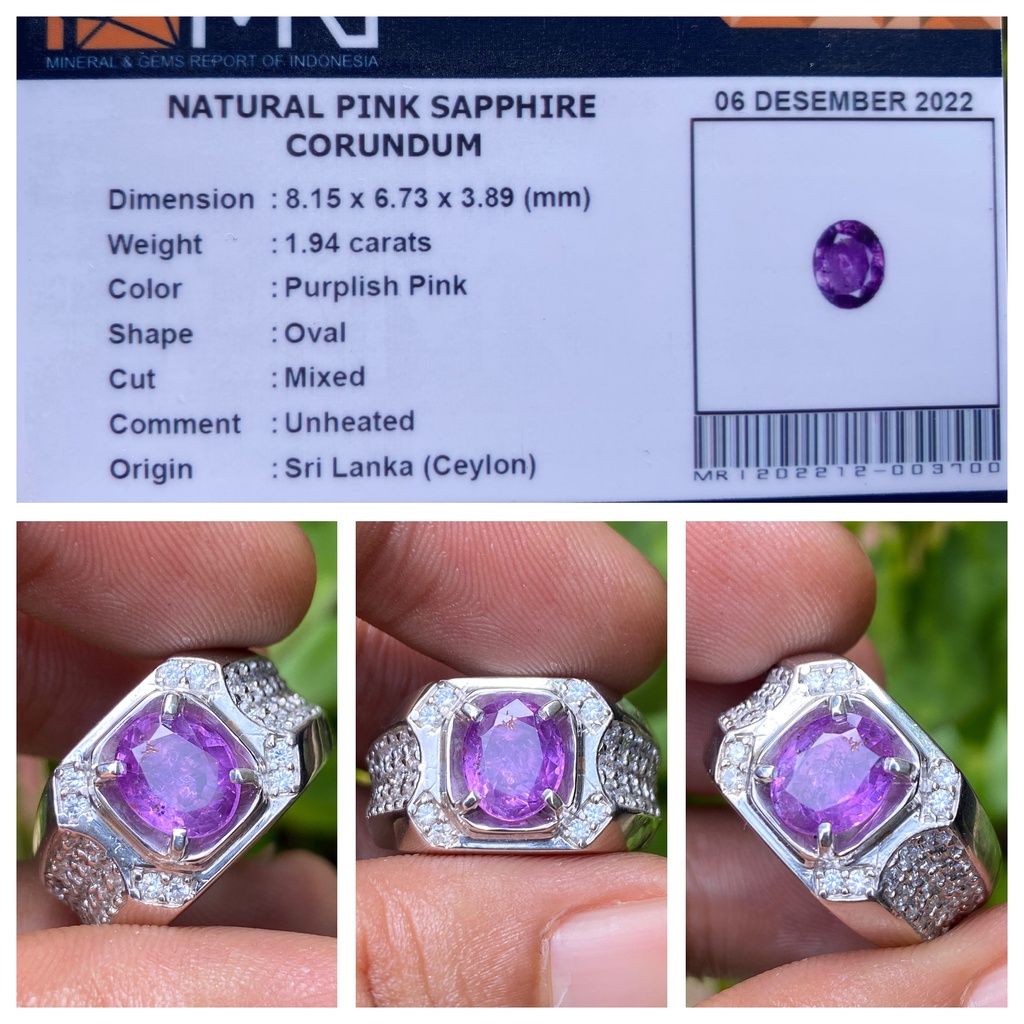 Natural 1.94ct Purplish Pink sapphire No Heat Srilanka Ceylon