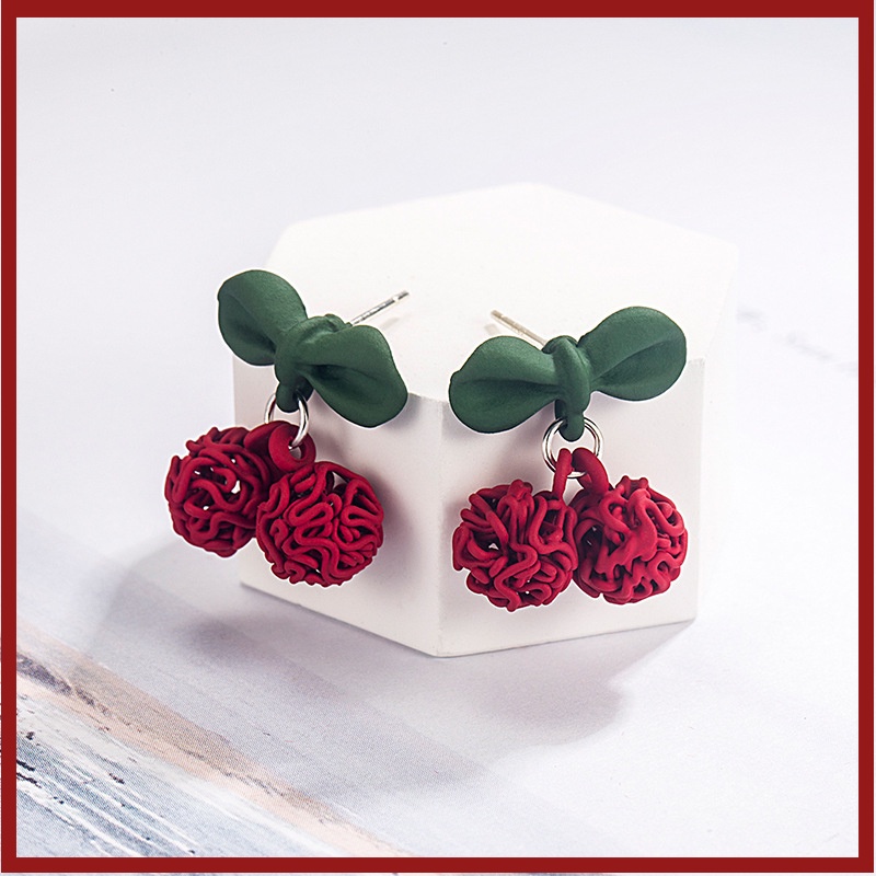 S925 Perak Jarum Busur Merah Cherry Anting Perempuan Gadis Lucu Musim Gugur Dan Musim Dingin Ornamen U1439