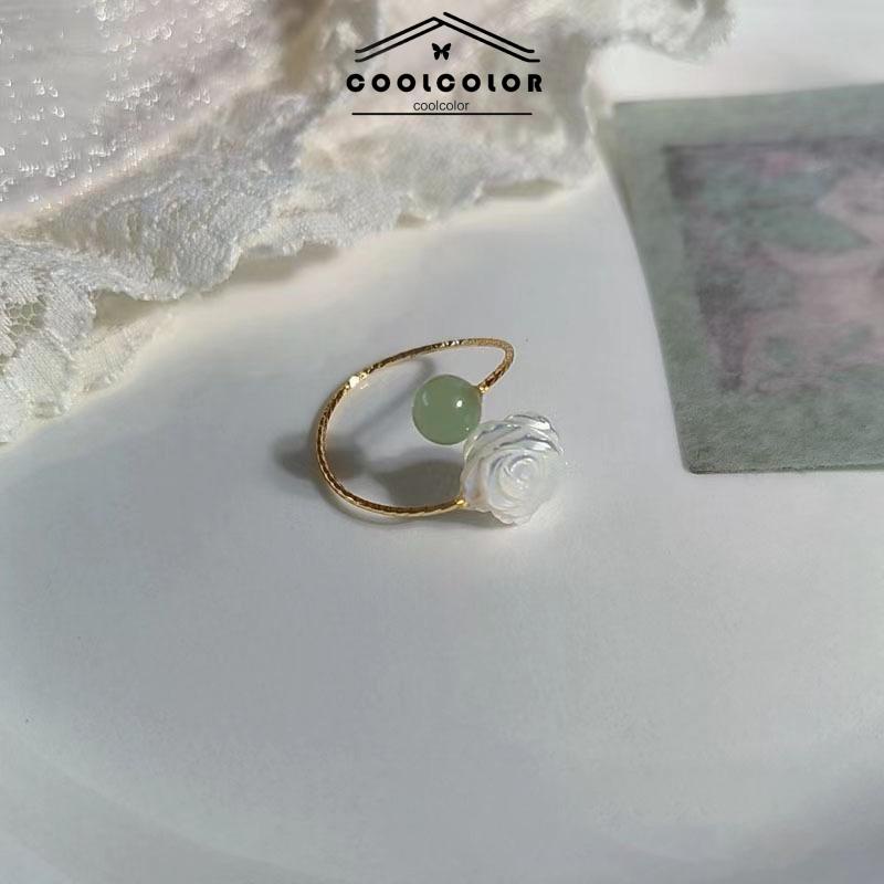 COD❤️Cincin Wanita Pembuka Bunga Mawar Putih Giok  Kemewahan Cahaya Cincin Desain Niche- cl