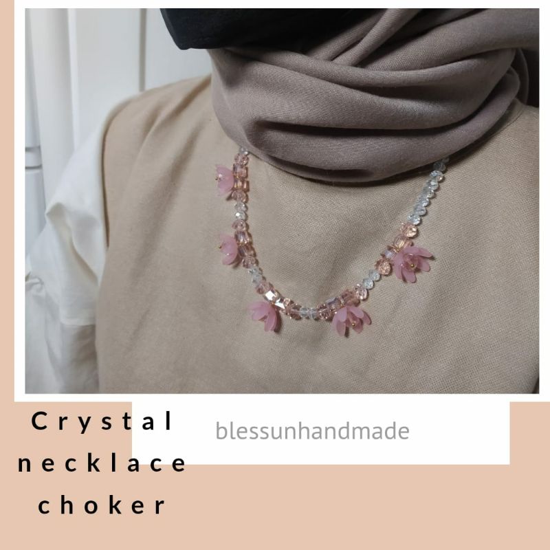 crystal necklace choker flower beads by blessun handmade / kalung hijab mutiara / kalung manik