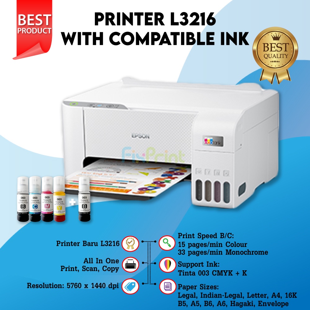 Printer Epson L3210 Black L3216 White Print Scan Copy All-in-One Pengganti L3110 Ink Tinta 003