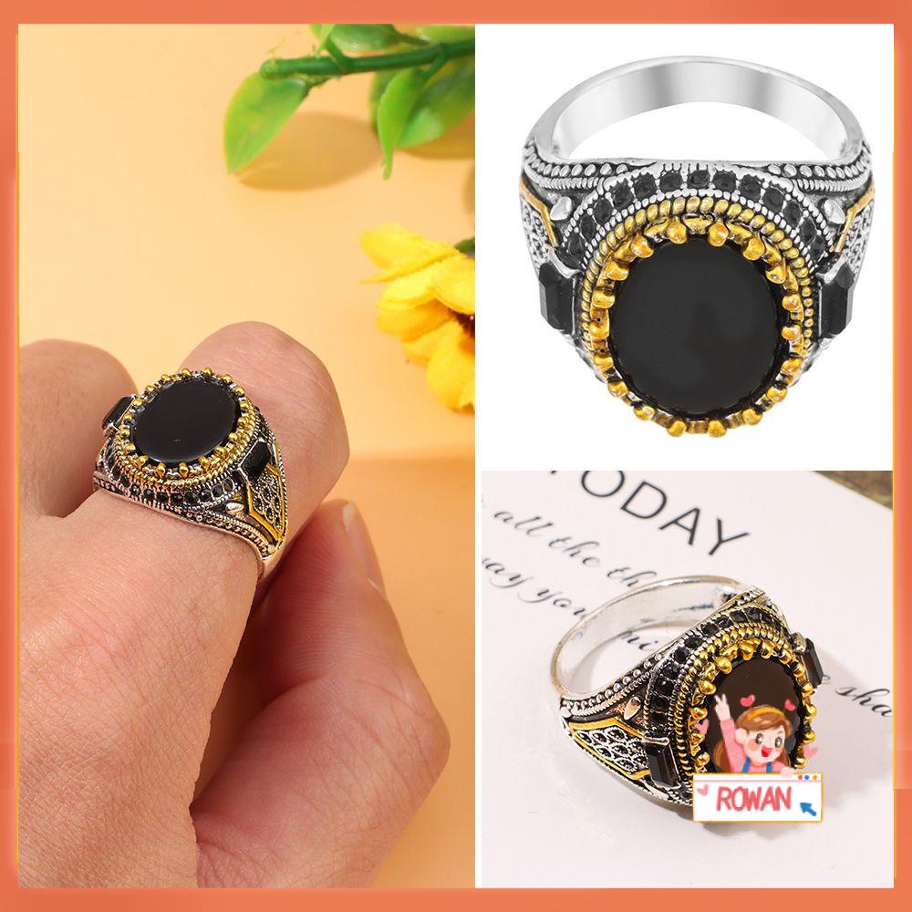 R-flower Cincin Pria Pesta Perhiasan Retro Religi Dengan Batu Onyx Hitam