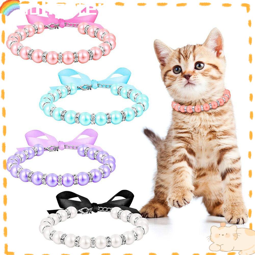 Solighter 2PCS Pet Mutiara Kerah Fashion Kucing Perlengkapan Produk Hewan Peliharaan Adjustable Bow Dog Bell