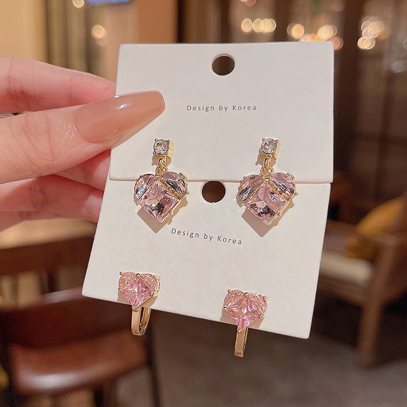 925jarum Perak Mewah Jarum Merah Muda Zirkon Anting Hati Mode Halus Kecil Anting Gesper Telinga