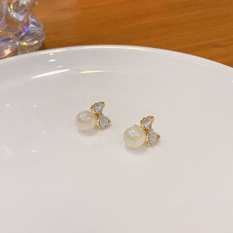 Anting Busur zircon Mutiara High-gloss Untuk Wanita Aksesoris Telinga Korea