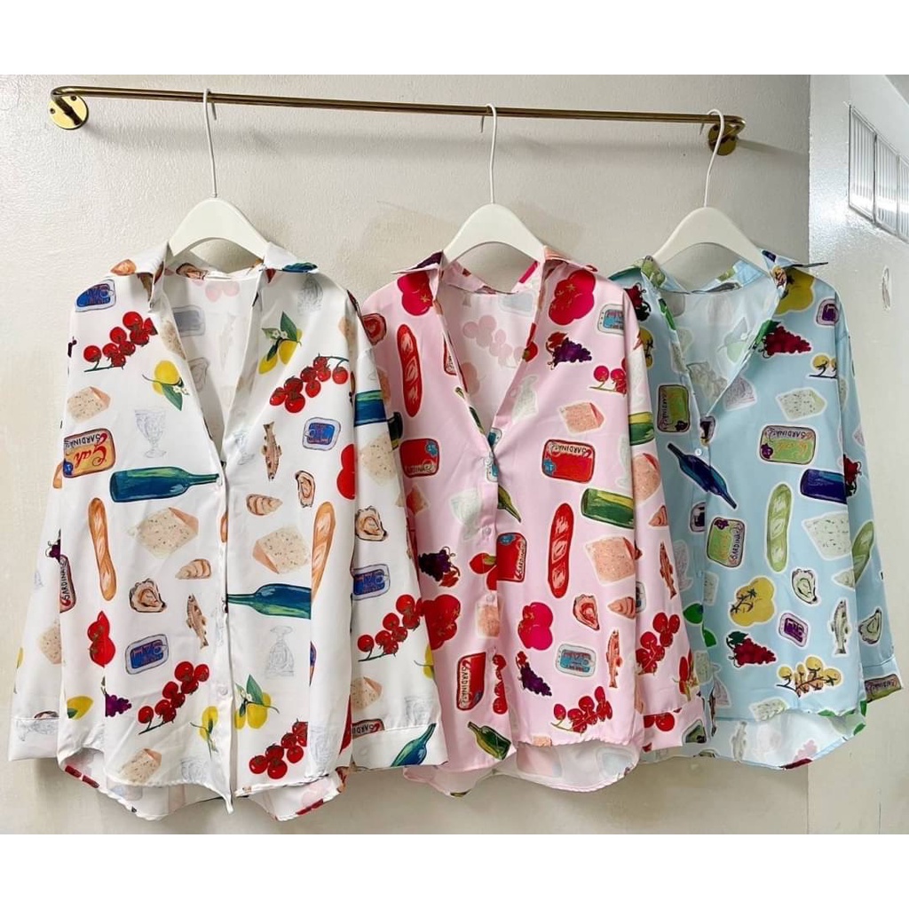 KEMEJA NOK BANGKOK OVERSIZED MOTIF PICNIC FOOD FASHION WANITA IMPORT BANGKOK