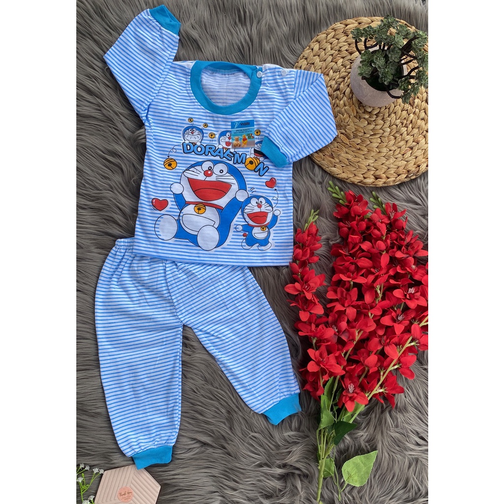 stelan baju bayi laki laki perempuan lucu murah motif DORAEMON SALUR 3-18 bulan