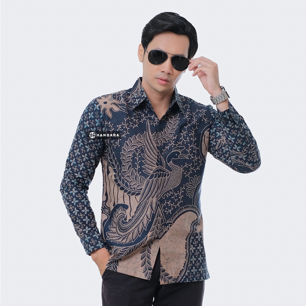 Baju Kemeja Batik Pria Lengan Panjang Slim Fit Premium Modern Full Furing Katun Halus Original Handara Motif Sekar Navy HB-209