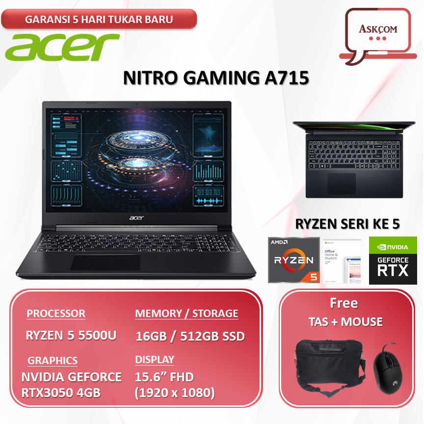 Laptop Acer Aspire 7 Nitro Gaming A715 RTX3050 4GB/ RYZEN 5 5500U RAM 16GB 512GB SSD W11+OHS 15.6FHD 42G.R75V