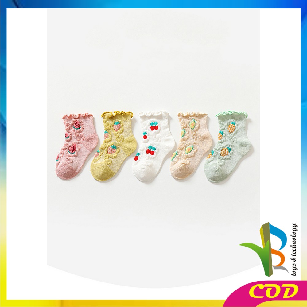 RB-P380 Kaos Kaki Anak Perempuan Karakter Buah Bunga dengan Aksen Ruffle Breathable / Kaus Kaki Renda Baby Kid Socks