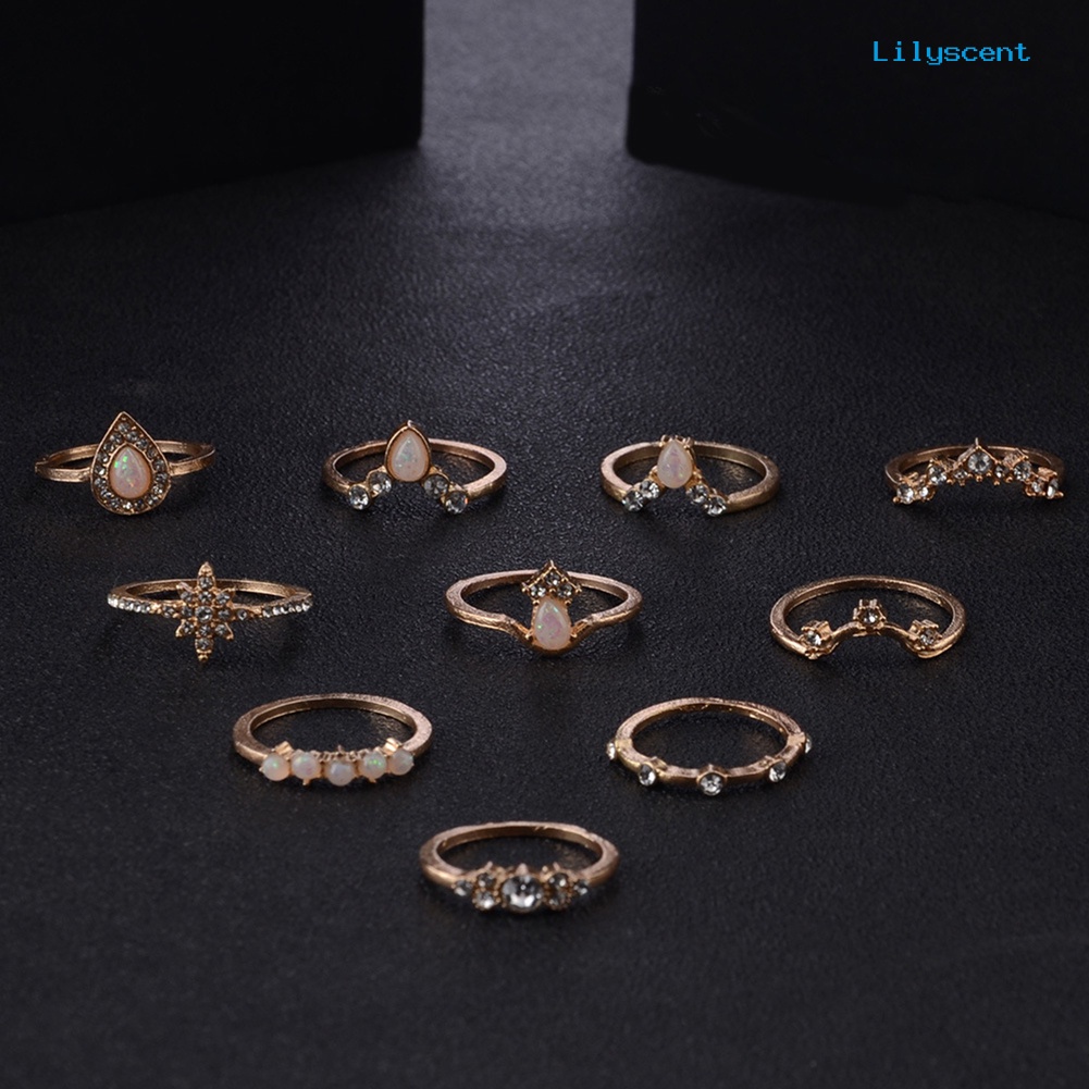 [LS] 10pcs/set Lady Water Drop Bintang Mahkota Opal Imitasi Susun Knuckle Midi Finger Ring