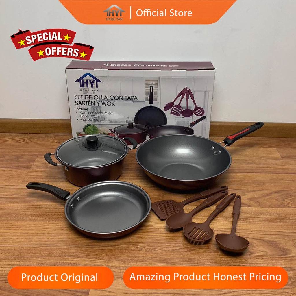 Panci 4 Set Serbaguna Teflon Marble Cookware Set Tutup Kaca Anti Lengket