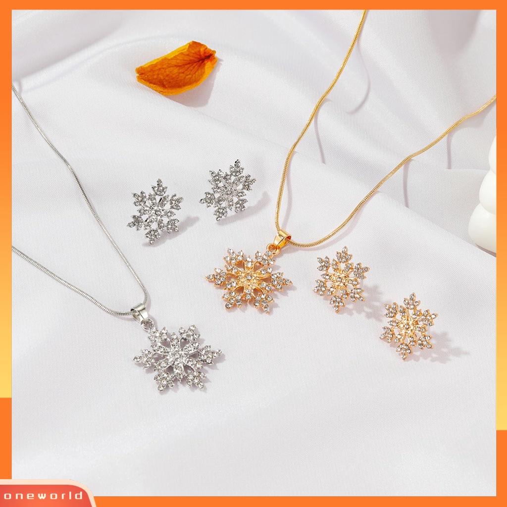 [WONE] 1set Ear Studs Glitter Anti Alergi Temperamen Elegan Bentuk Snowflake Berlian Imitasi Anting Kalung Perhiasan Aksesori
