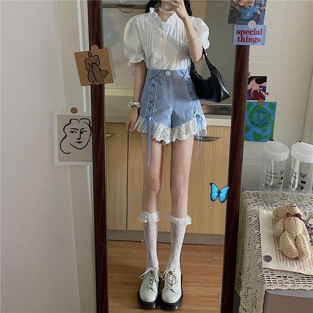 Suhao one-piece suit Chic hantu kuda gadis musim panas putih lengan pendek kemeja dengan telinga kayu + renda jahitan celana pendek setelan