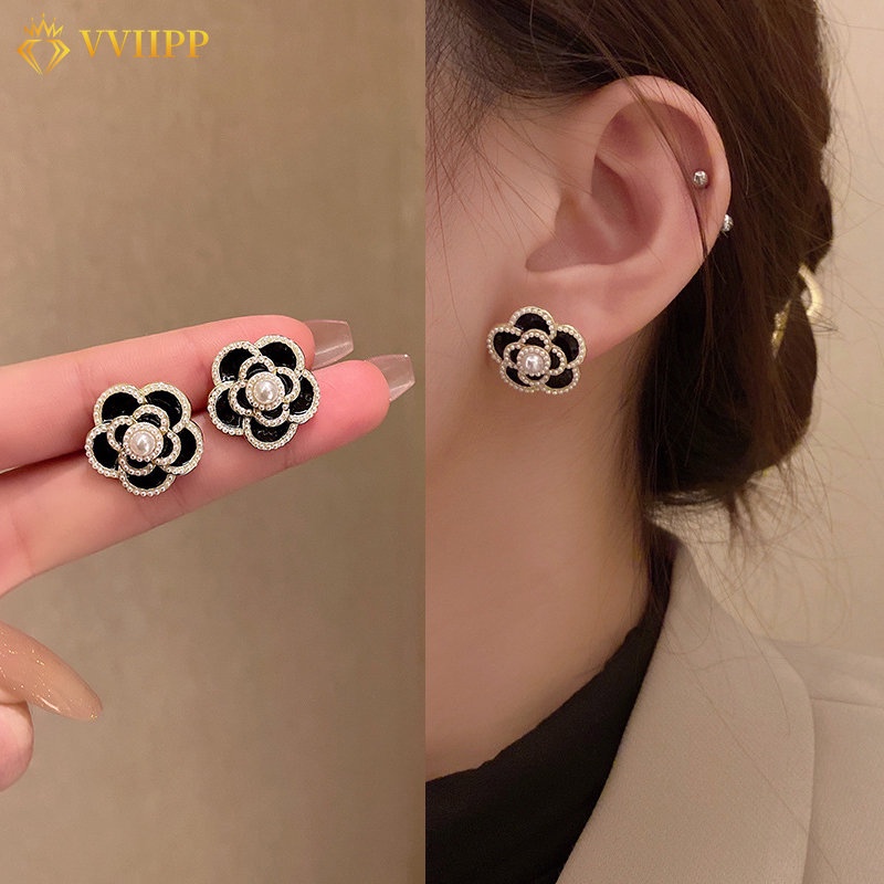 Fashion Anting Kamelia Hitam Untuk Wanita Mutiara Stud Earring Perhiasan Aksesoris