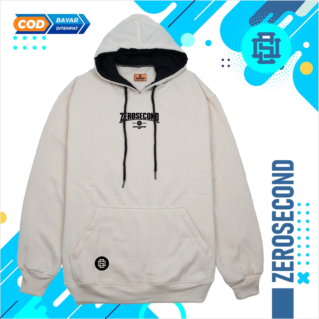 Zero.Second Sweater Hoodie Pria Autentic Logo ZS Warna CREAM Bahan Catton Flecee Gramasi 280S Permium Tebal Full Varisn Warna