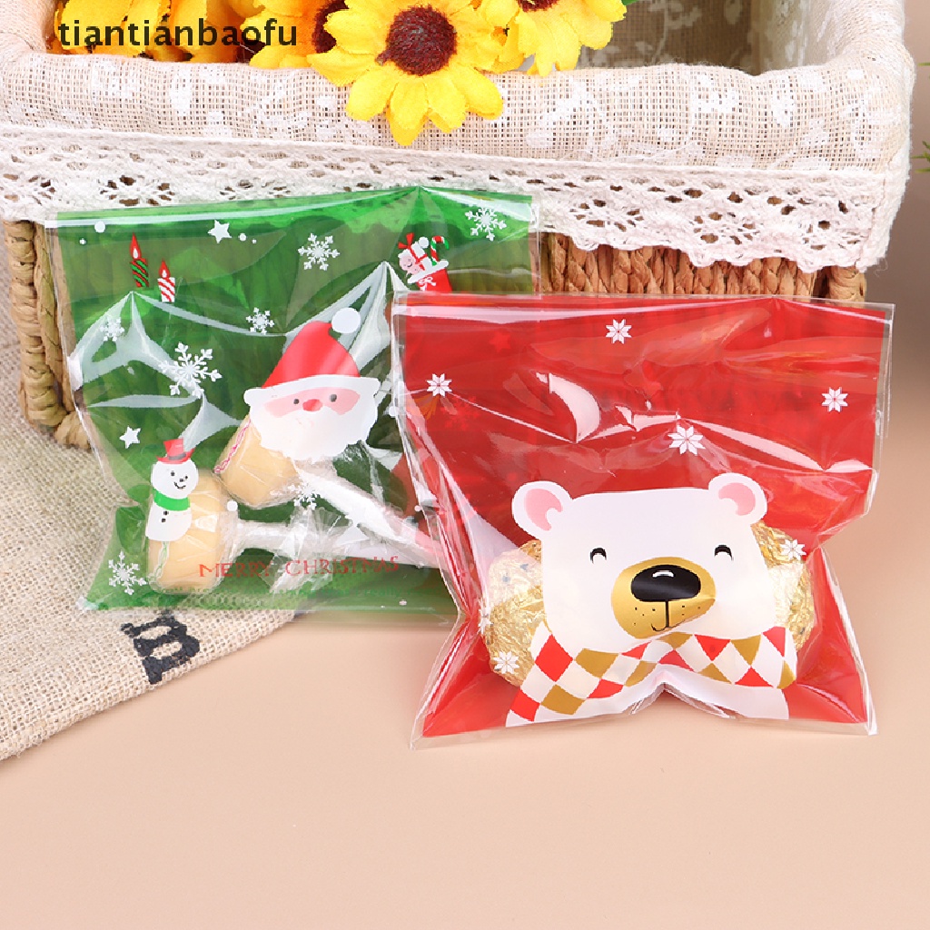 [tiantianbaofu] 100 Pcs Tas Natal Permen Cookie Self-Adhesive Bags Snack Packaging Bags Butik