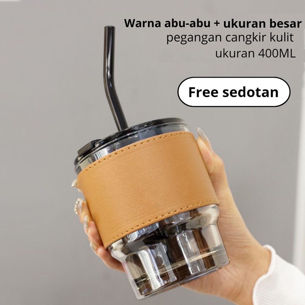 Gelas Mug Kaca Korean Style - Cup Kopi Teh 320ml + Sedotan Kaca & Grip Leather Korean Style