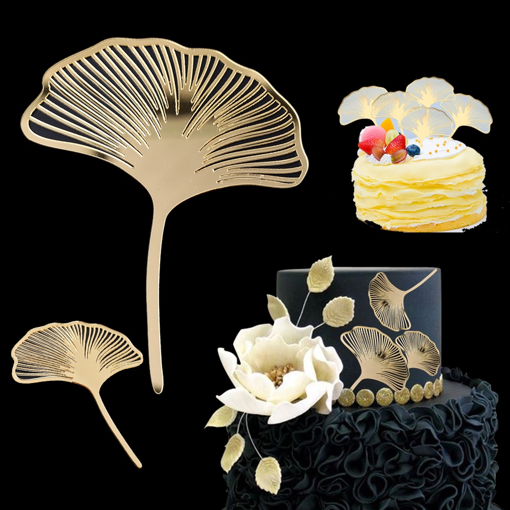 Golden Akrilik Insert Card Ginkgo Leaves Cake Topper Muffin Ice Cream Ornamen Halus Dessert Decor Aksesoris Untuk Perayaan Pernikahan Ulang Tahun