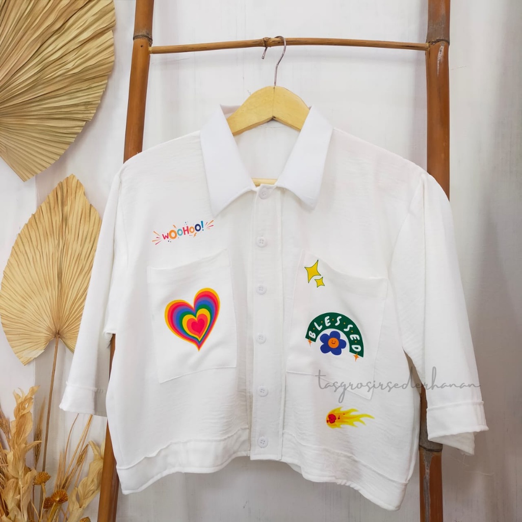 Kemeja Crop Crincle oversize - Kemeja Shirt Crincle sablon Outer Crop Murah - Bisa COD