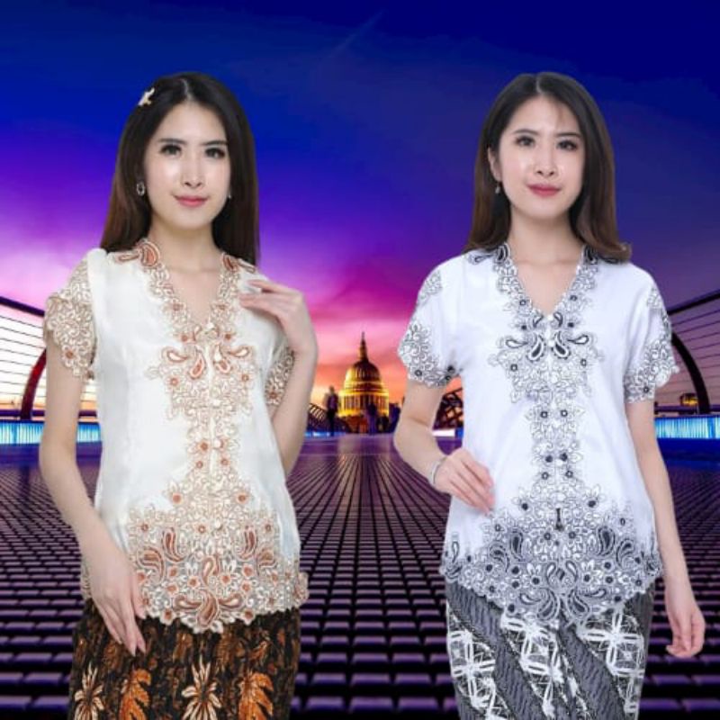 Atasan Kebaya Encim Modern Katun Silky Kombinasi Brukat Bordir