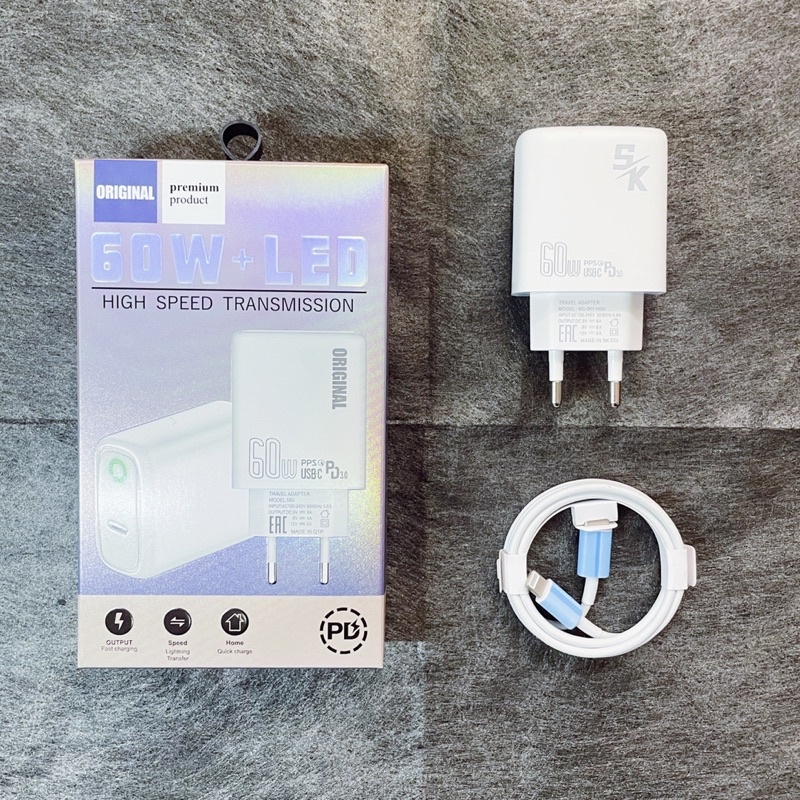 【SK | 3113-PD】CHARGER SK PD-60W ORIGINAL LIGHTNING SUPPORT FASTCHARGING C-LIGHTENING/C-C TRAVEL CHARGER