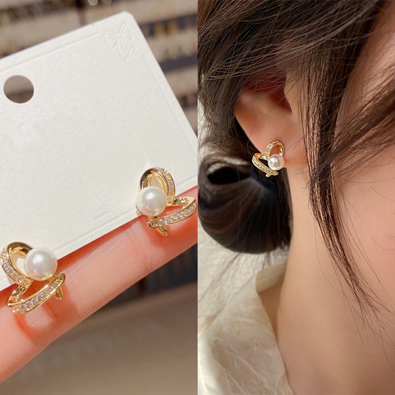 Mewah Zirkon Ladies Wanita Women Stud Earring Mutiara Korea Elegan Gadis Korean INS Lucu Pesta Stud Earrings Pernikahan Cinta Hati