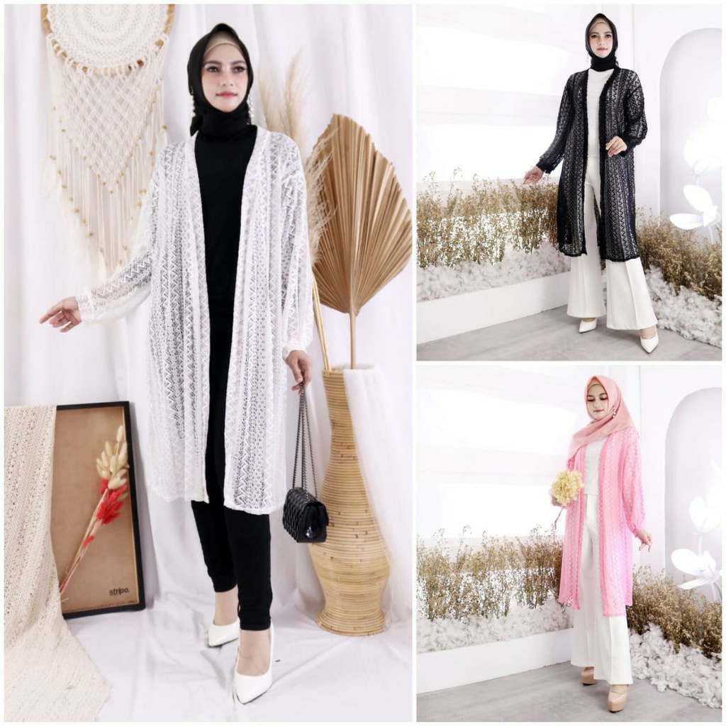 PAKAIAN WANITA MUSLIMAH LONG OUTER CARDIGAN PUTIH BROKAT LENGAN PANJANG