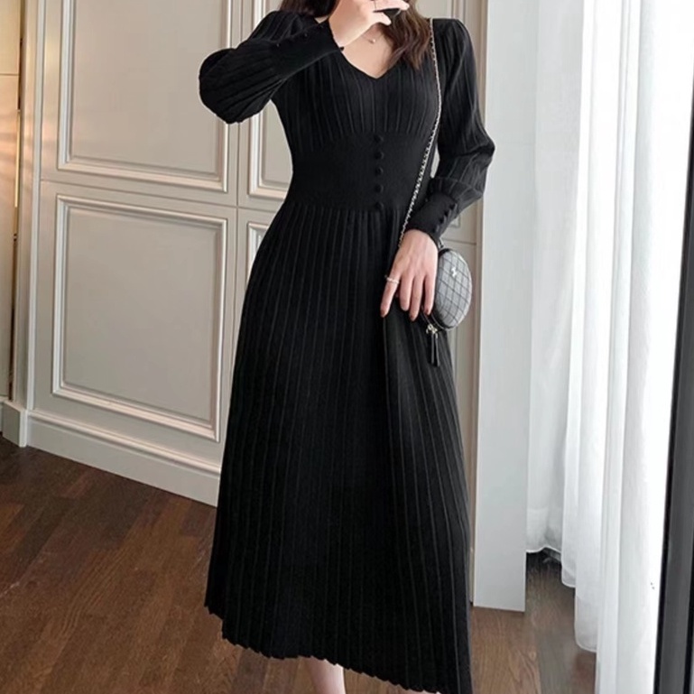 【Elegant】V Neck s Long Sleeve Ribbed Stretch Midi Dresses  2355