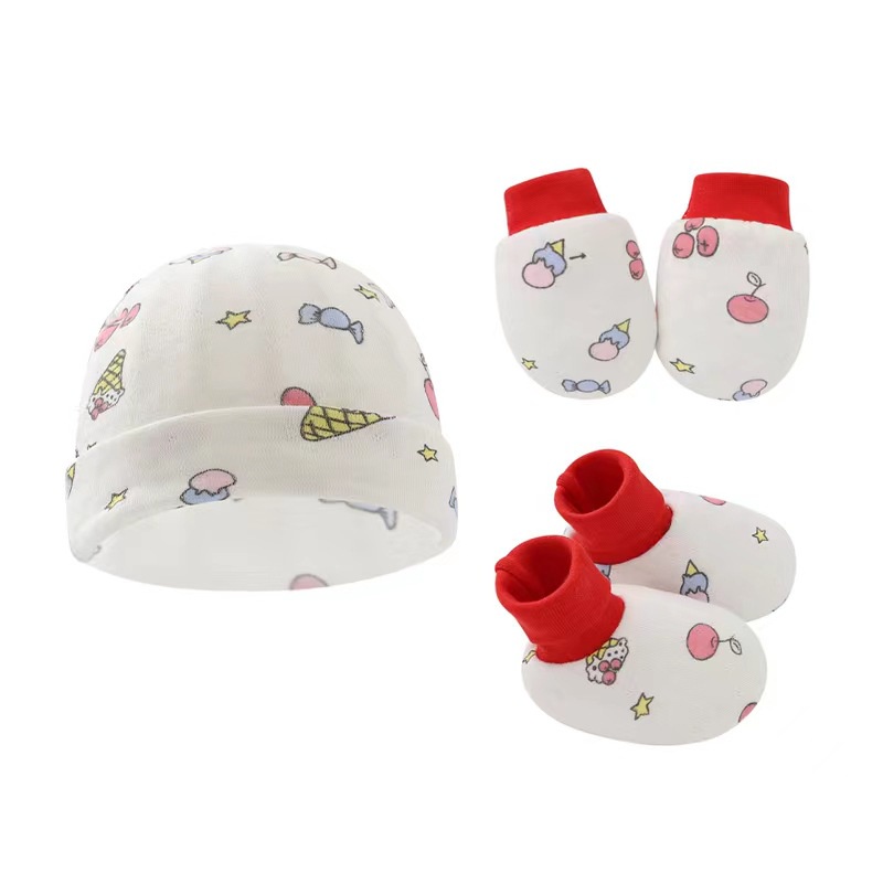 NEW Set sarung tangan-sarung kaki-kupluk bayi motif macam-macam